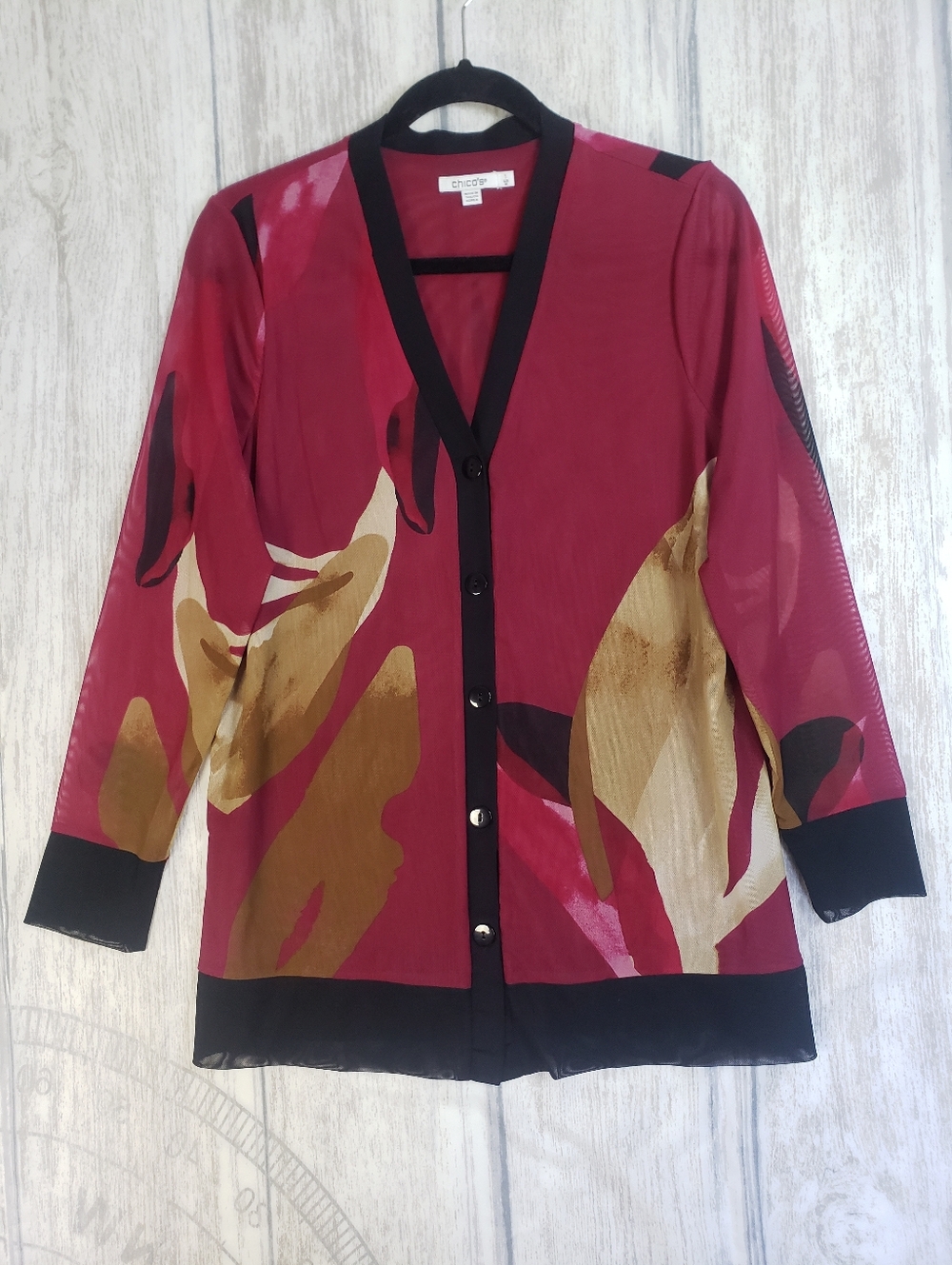 Chico's abstract print mesh cardigan Sz Medium berry-toned floral motif C35